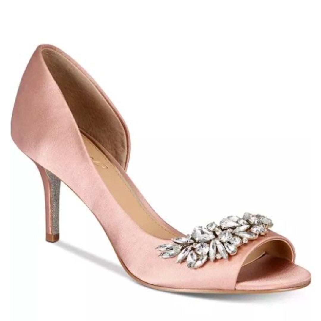 Badgley Mischka Pink Satin Heels With Crystal Embellishments